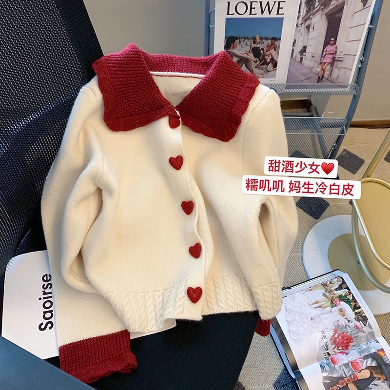 Áo Khoác Cardigan Dệt Kim Tay Dài Cổ Búp Bê Màu Sắc Tương Phản Thời Trang Thu Đông Cho Nữ