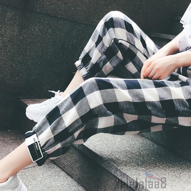 LAA8-Female Trousers, Women’ s Plaid High Waist Long Harem Pants with Drawstring for Spring Summer, S/M/L/XL/XXL