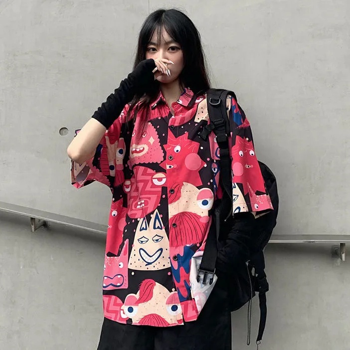 Áo Sơ Mi Voan Tay Ngắn Dáng Rộng In Họa Tiết Cá Tính Trẻ Trung Hợp Thời Trang