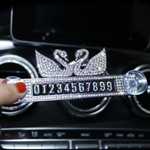 Bảng Số Điện đính đá 2 thiên nga sang trọng- thẻ ghi số điện thoại có hít nhựa gắn kính xe ô tô