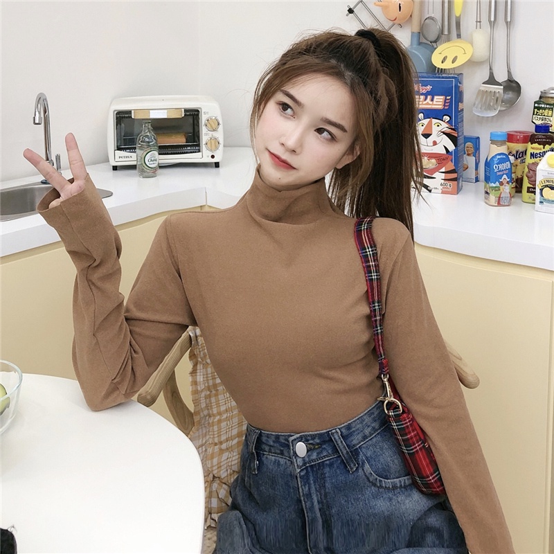 Áo thun tay dài cổ cao màu trơn kiểu dáng thời trang Hàn Quốc