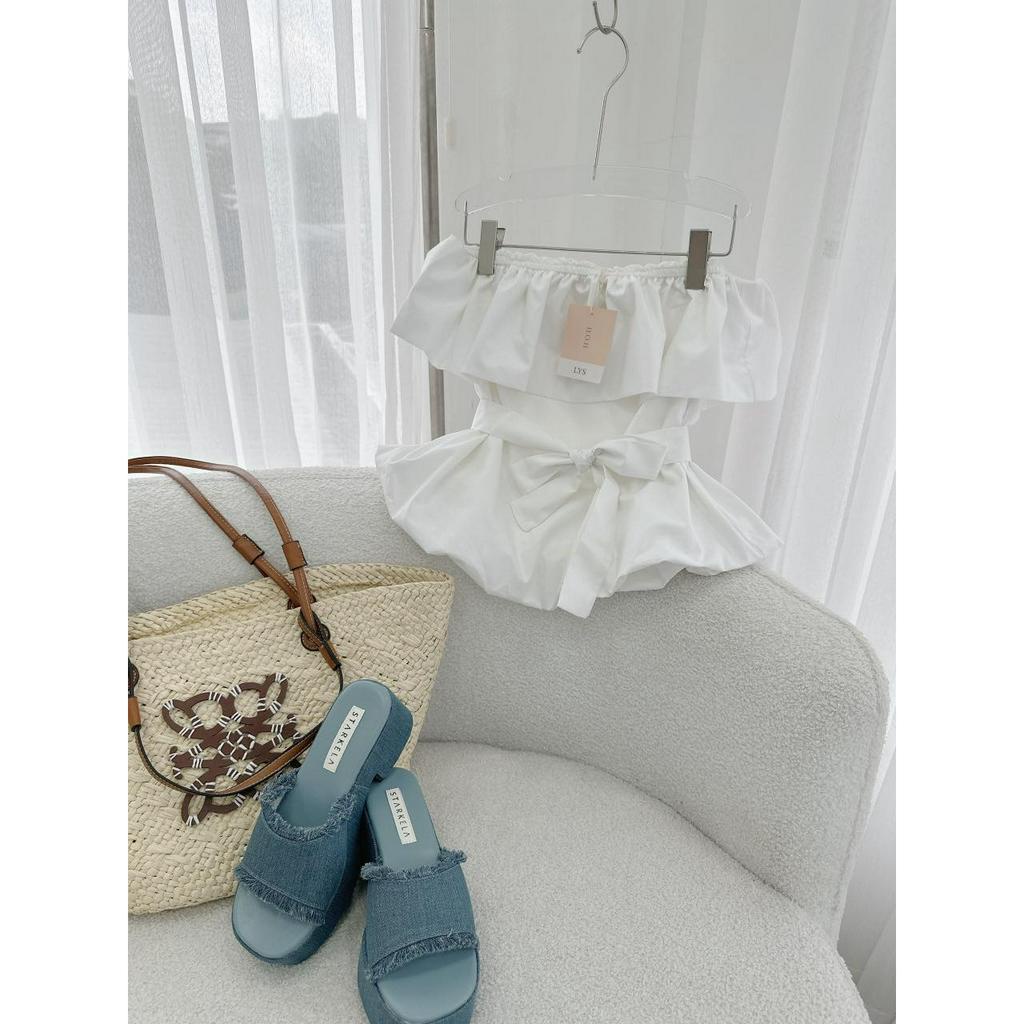 SET ỐNG TRẮNG BÈO THẮT NƠ EO + QUẦN SUÔNG CARO