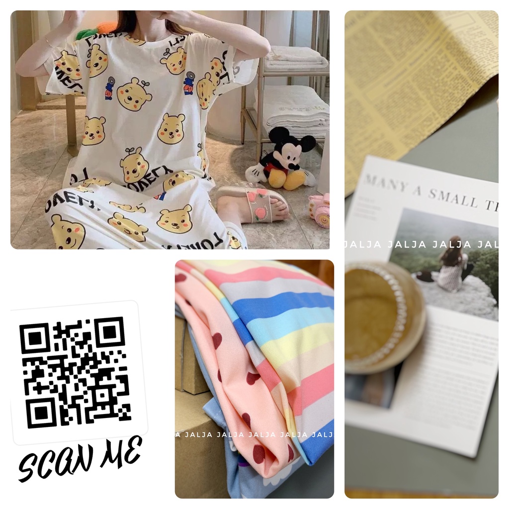 Váy ngủ nữ cộc tay đầm ngủ dáng suông chất cotton mềm mát họa tiết cute dễ thương mặc nhà JALJA Vay01