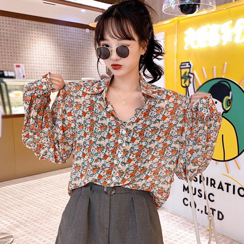 Áo Sơ Mi Tay Dài Form Rộng Họa Tiết Hoa Phong Cách Retro Dịu Dàng Hàn Quốc