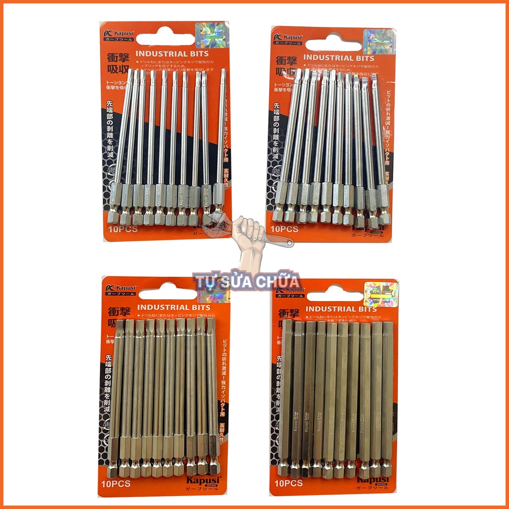 Bộ 10 mũi mở ốc lục giác 10cm chuôi kẹp 6.35mm đa năng size 3-4-5-6mm chính hãng KAPUSI thép S2 cao cấp loại xịn