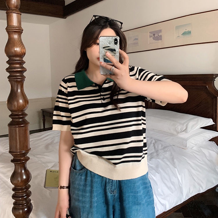 Áo polo Dệt Kim Tay Ngắn Dáng Rộng Họa Tiết Kẻ Sọc Thời Trang Mùa Hè Mới Cho Nữ Có Size Lớn