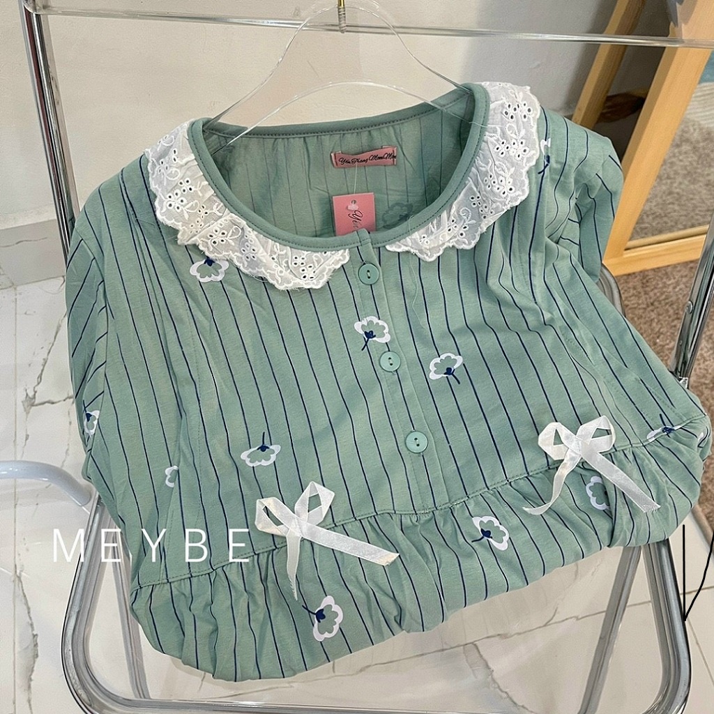 Bộ bầu và sau sinh dài tay, cổ ren bèo chất cotton đẹp mềm, kiểu dáng kẻ sọc cực xinh và trẻ trung