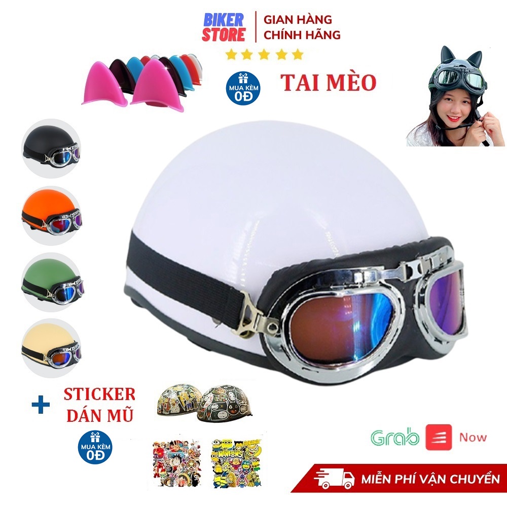 Combo Mũ Bảo Hiểm Nửa Đầu 1/2 Lót Ép, Khóa Đỏ + Kính Phi Công - Tặng STICKER Dán Mũ