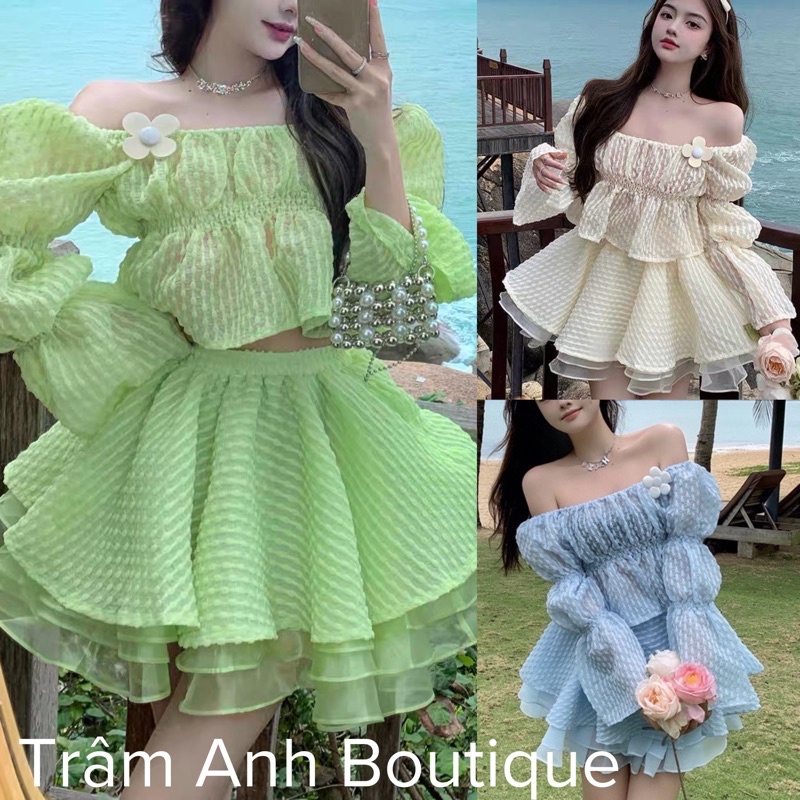 (Loại 1) 282 - Set áo croptop + chân váy voan nhún TRÂM ANH BOUTIQUE