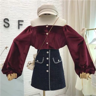 ( SIÊU HOT ❌❌)ÁO TRỄ VAI NHUNG ỐNG TAY PHỒNG CÔNG CHÚA VITAGE