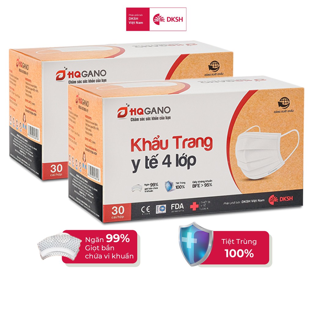 Combo 2 Hộp khẩu trang y tế quai thun 4 lớp HQGANO  kháng khuẩn, đạt chuẩn xuất khẩu, không mùi, chất liệu cực mềm mại