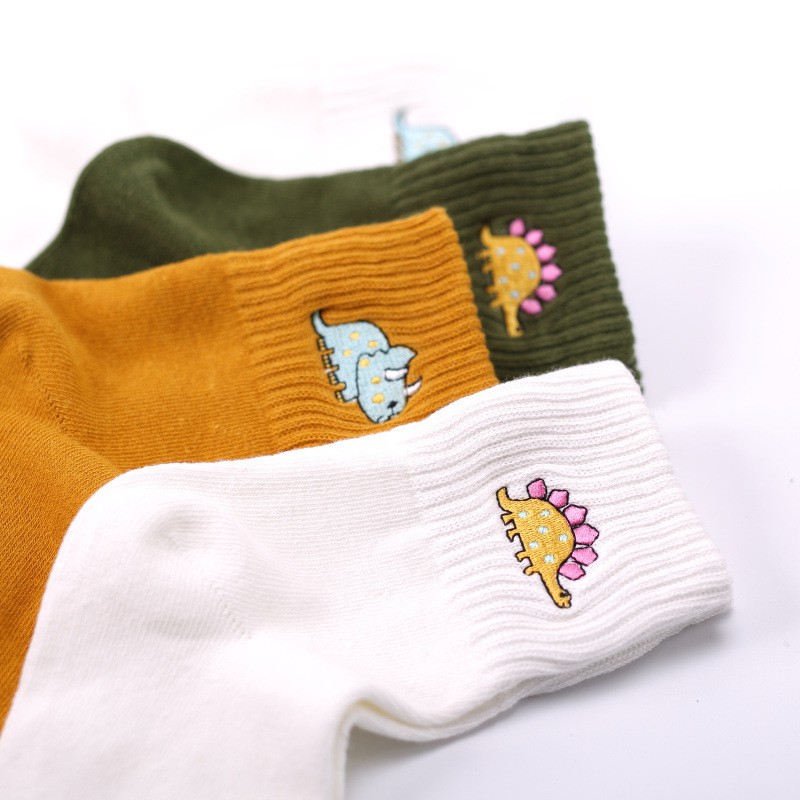 Vớ Cotton Cổ Ngắn Thêu Họa Tiết Khủng Long Dễ Thương Vui Nhộn Cho Nữ