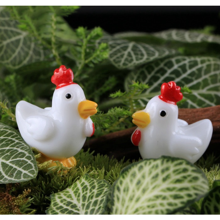 Tiểu cảnh trang trí gà trống gà mái trắng size nhỏ làm terrarium, chậu cây sen đá