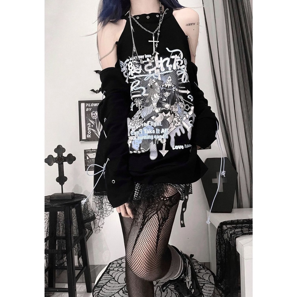 Áo Thun Tay Dài Không Dây Cột Dây Chéo y2k Phong Cách Punk Millennium Bán Chạy Cho Nữ
