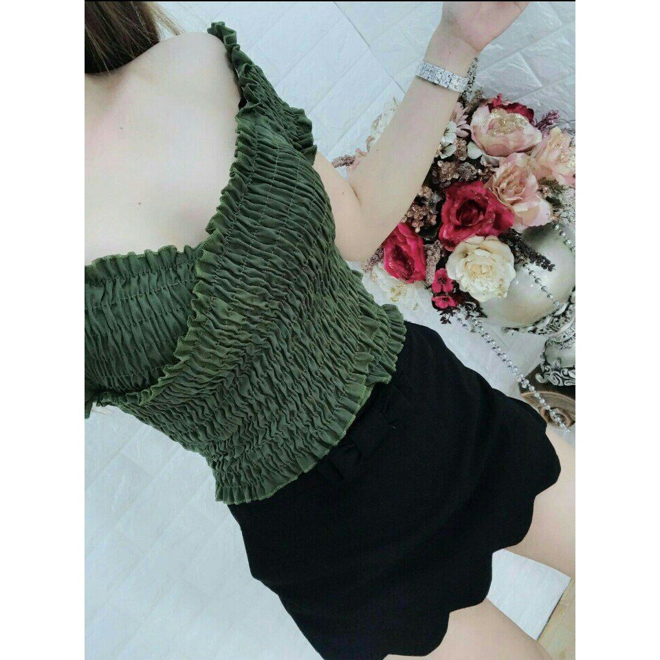 ÁO CROPTOP ÔM BODY NGẮN CO GIÃN - ÁO KIỂU CRT ULZANG NGẮN TAY VOAN TRƠN CHÉO NGỰC BASIC 117