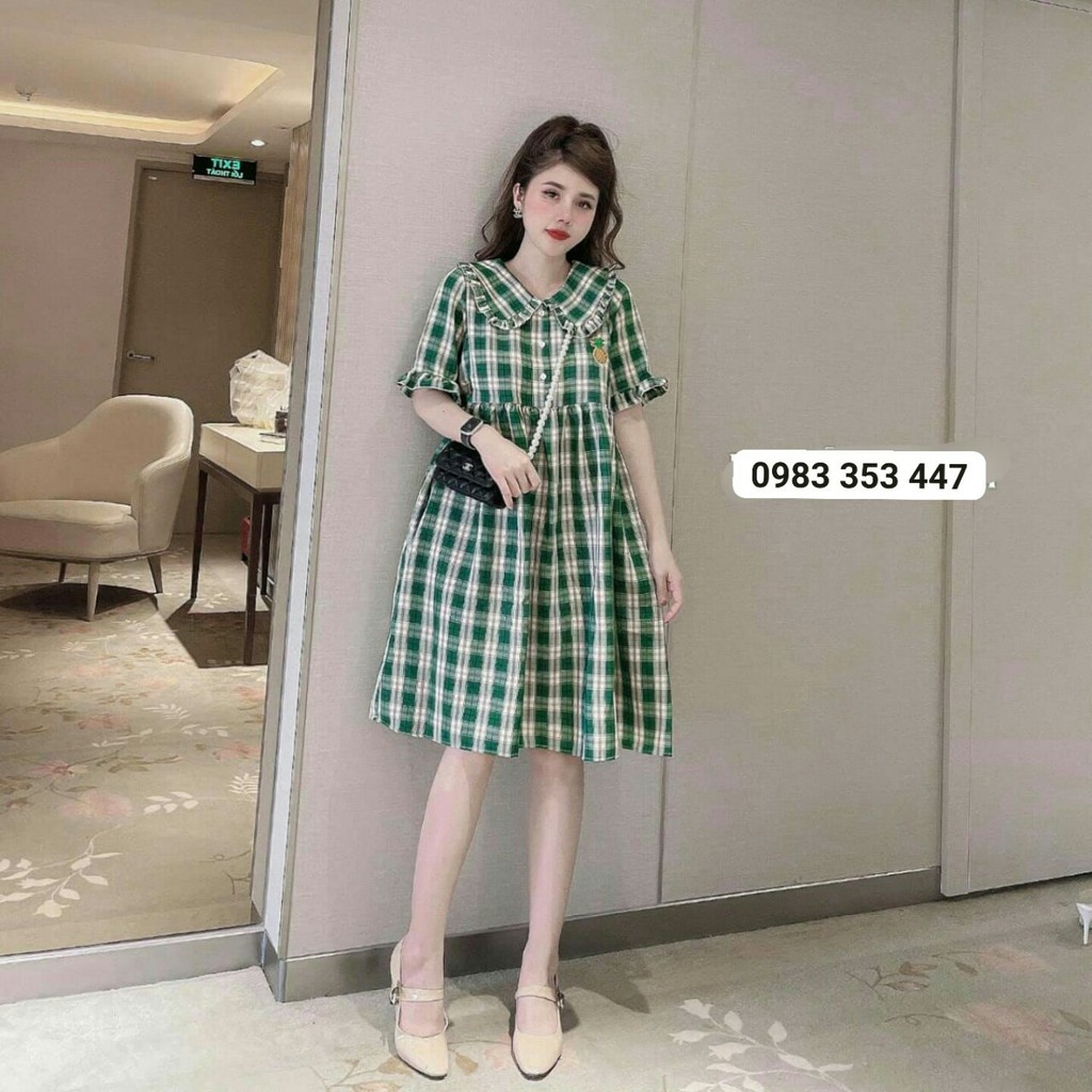 Đầm bầu babydoll vải kẻ caro cổ bèo trẻ trung thêu dứa, diện đi làm, đi chơi đến hết thai kỳ VM6639