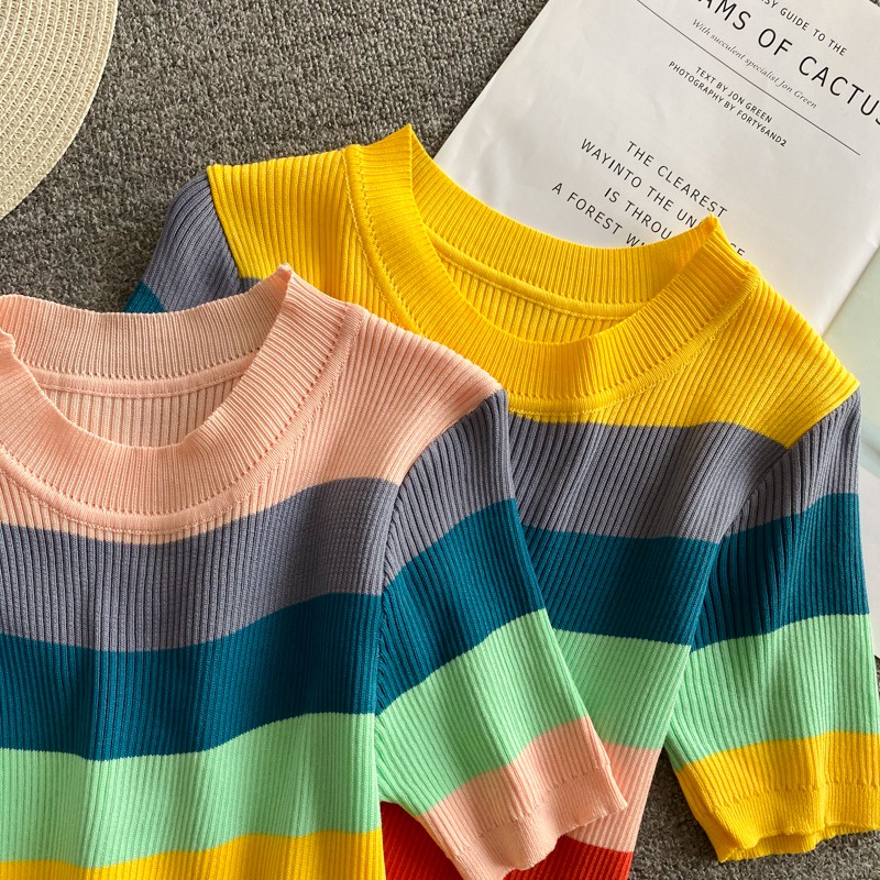 Áo thun ZHELIHANGFEI dệt kim tay ngắn kẻ sọc cầu vồng dễ thương