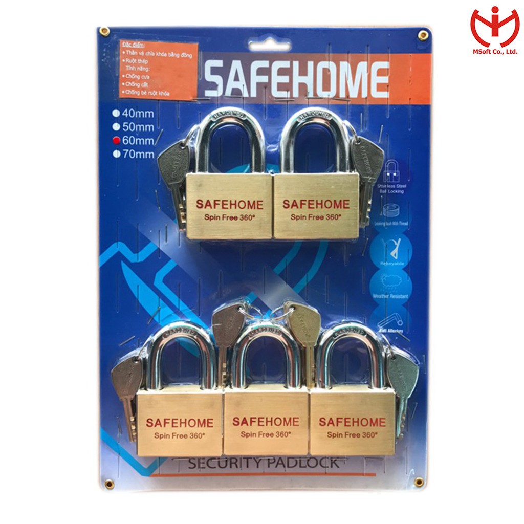 [Hỏa tốc HCM] Bộ khóa SafeHome thân đồng 60mm 4 chìa chủ Masterkey - MSOFT