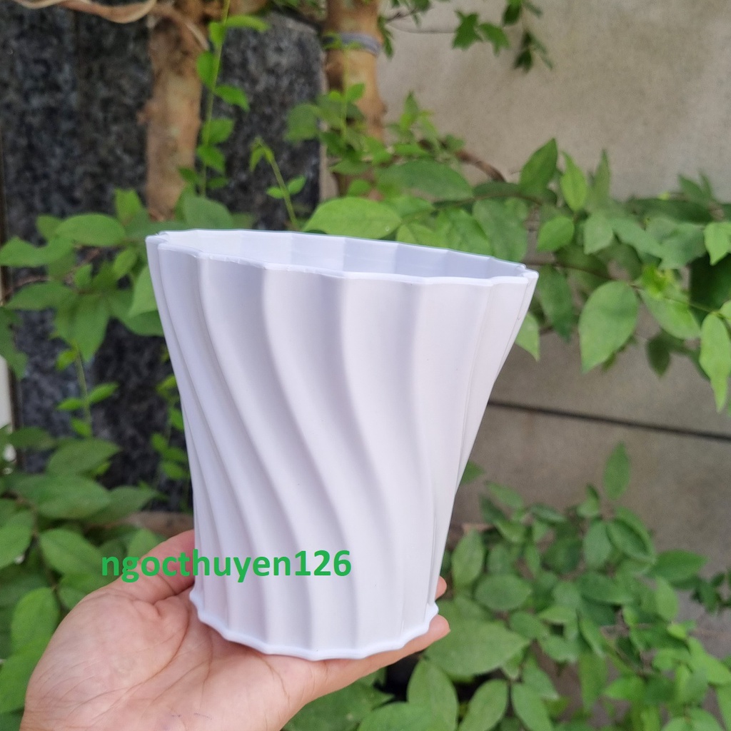 Bộ 05 chậu khía xoắn màu trắng trồng hoa size nhỏ 13x13x9cm nhựa dày đẹp