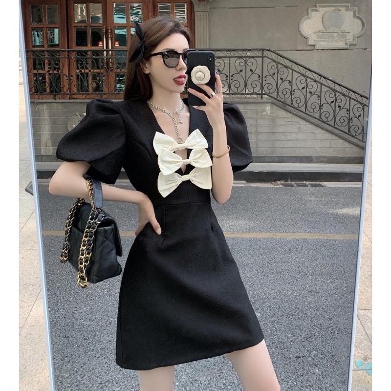 Váy Đính Nơ Xinh Tay Phồng Chất Taffa Sang Chảnh