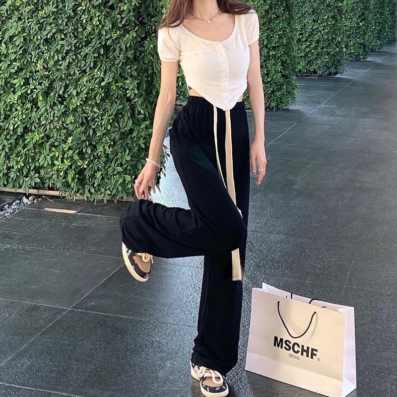 Quần ống rộng Lưng Cao Màu Đen Thời Trang Cho Nữ