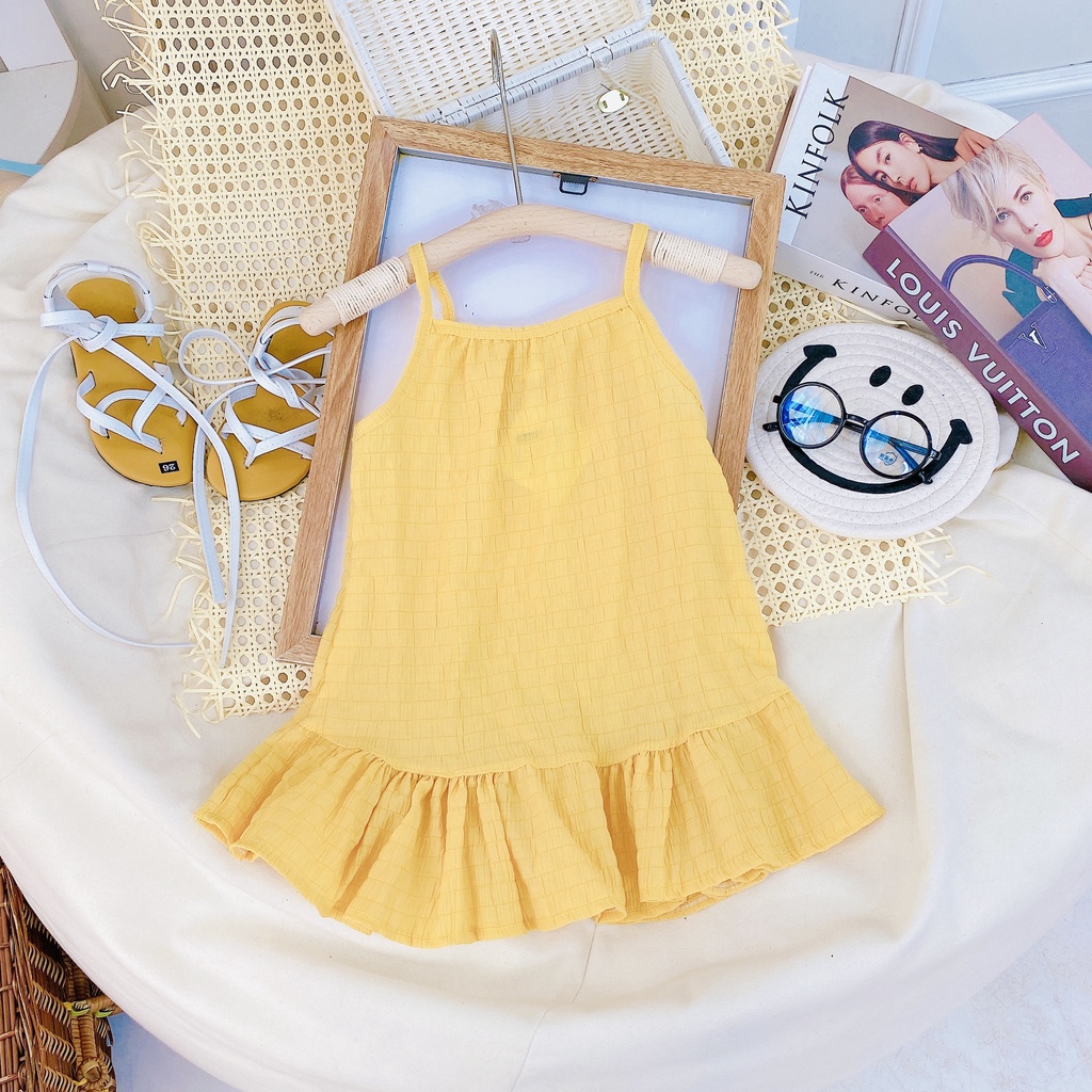 Váy 2 Dây Đón Hè Cho Bé Gái Chất Liệu Vải Đũi Nhăn Co Giãn Đủ Size Từ 8-20Kg VNXK Nhật-Hàn