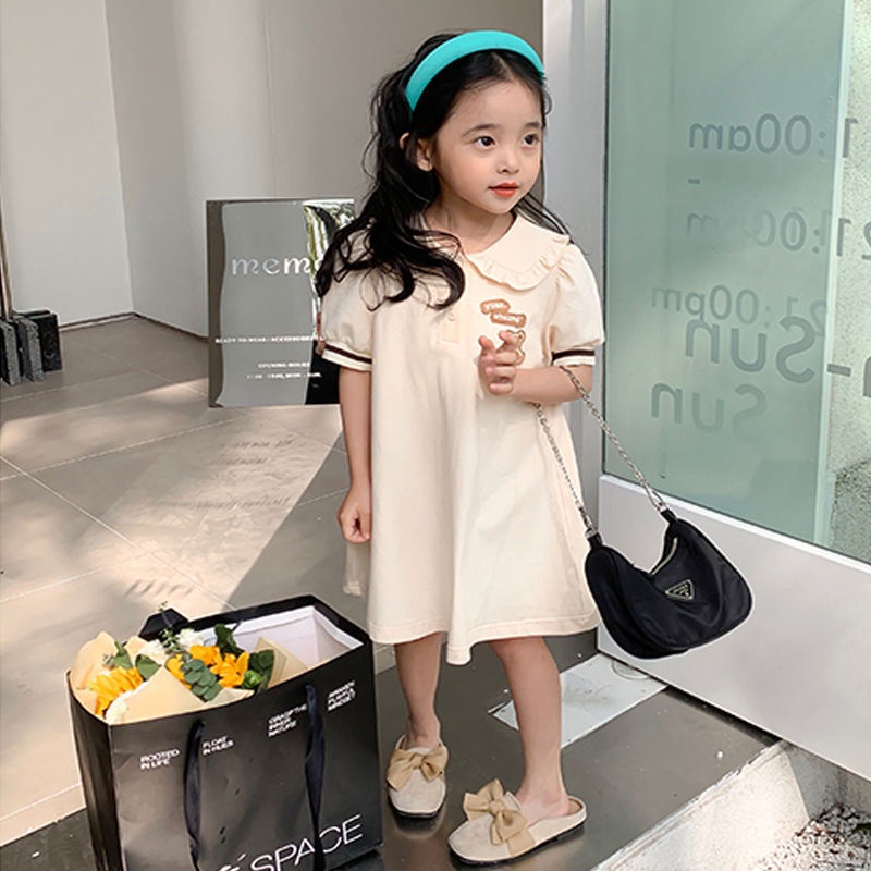 Đầm Cotton Cổ Búp Bê Hở Ngực Họa Tiết Gấu Hoạt Hình Thời Trang Mùa Hè Cho Bé Gái