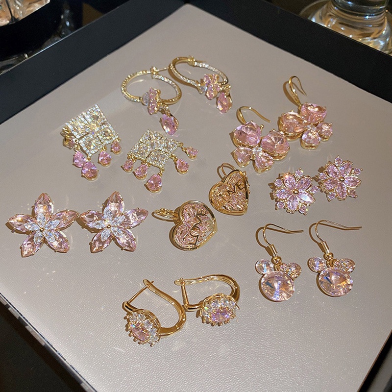 Khuyên Tai Hình Hoa Trái Tim Đính Đá Zircon Màu Hồng Mới Mùa Hè Cho Nữ