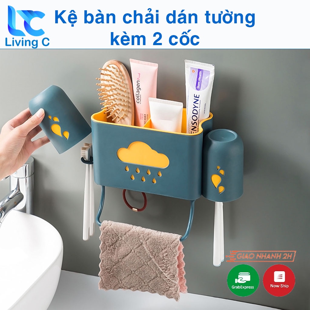 Kệ để đồ phòng tắm Living C, giá kệ để đồ phòng tắm dán tường đa năng đựng bàn chải kem đánh răng + 2 cốc đánh răng K189