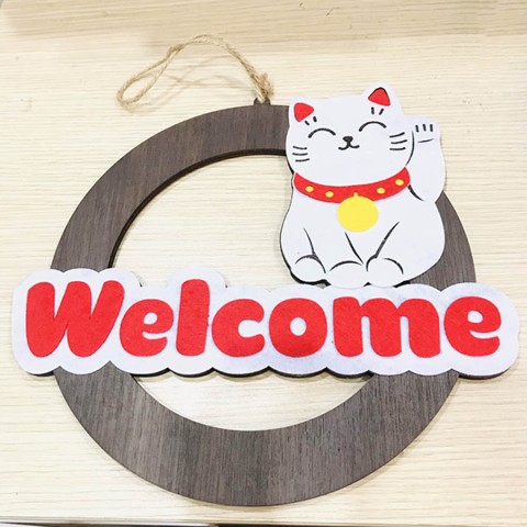 Biển treo cửa Mèo thần tài gỗ chữ Welcome/ Hàng mới về cho cửa hàng