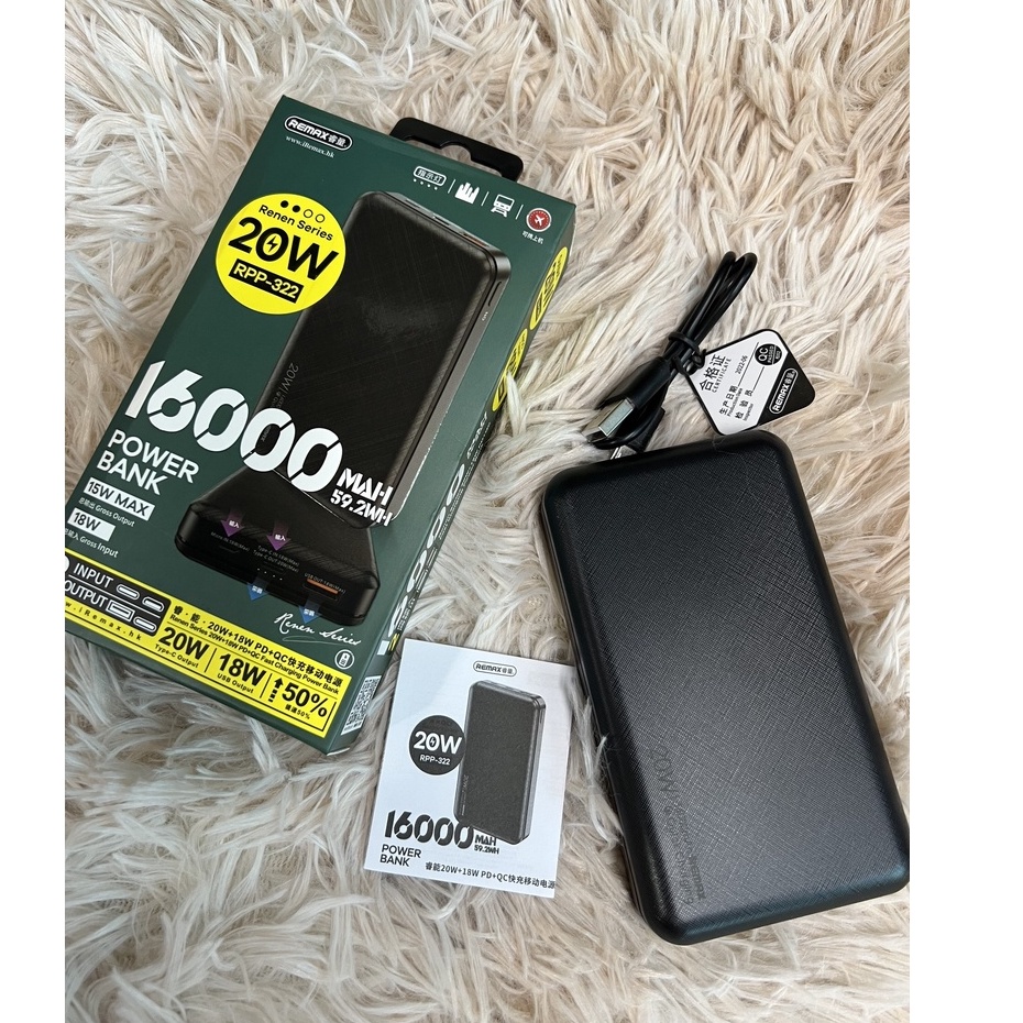 Pin sạc dự phòng tích điện hỗ trợ sạc nhanh Remax RPP 322 16000mAh PD 20W + QC 18W 2 Inputs, 2 Outputs