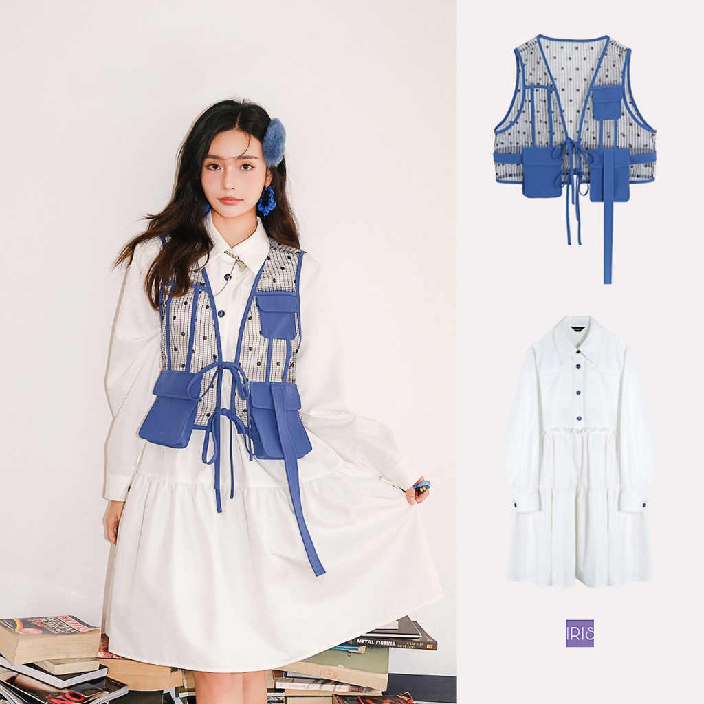 「Hàng sẵn」「Hàng sẳn」Iris Boutique IV010 22/SS Navy packets vest - set sản phẩm đầm