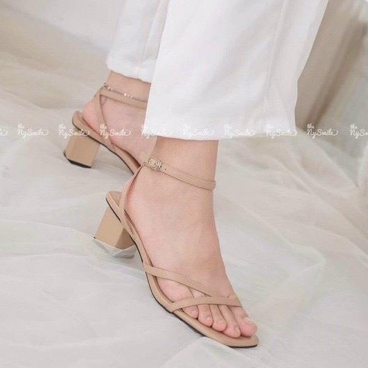 Giày Sandal Đế Bằng Quai Mảnh Dây Cài Gót Vuông Màu Trắng/Đen/Nude 5 phân mã N25