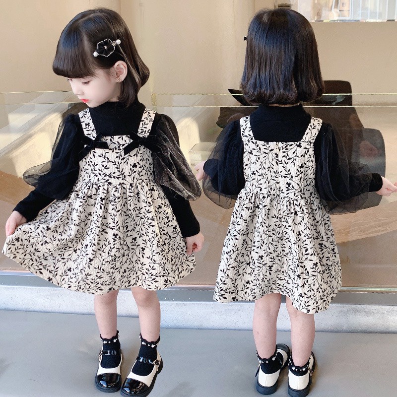 Váy bé gái yếm hoa nhí đen tay bồng váy yếm và áo rời 8-30kg XHN1103