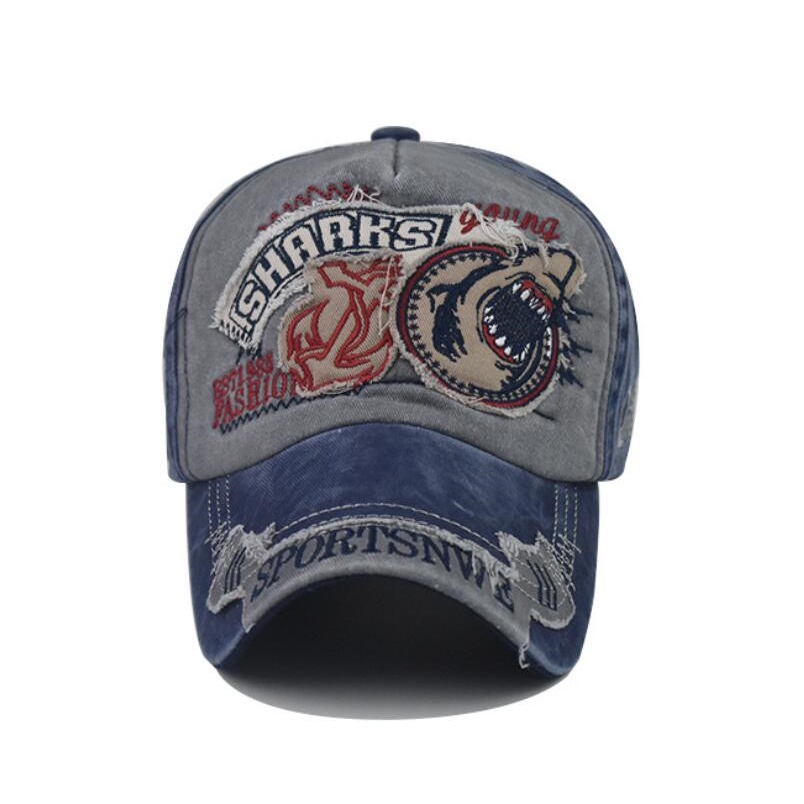 Mũ lưỡi trai vải cotton thêu hình cá mập phong cách vintage dành cho nam nữ