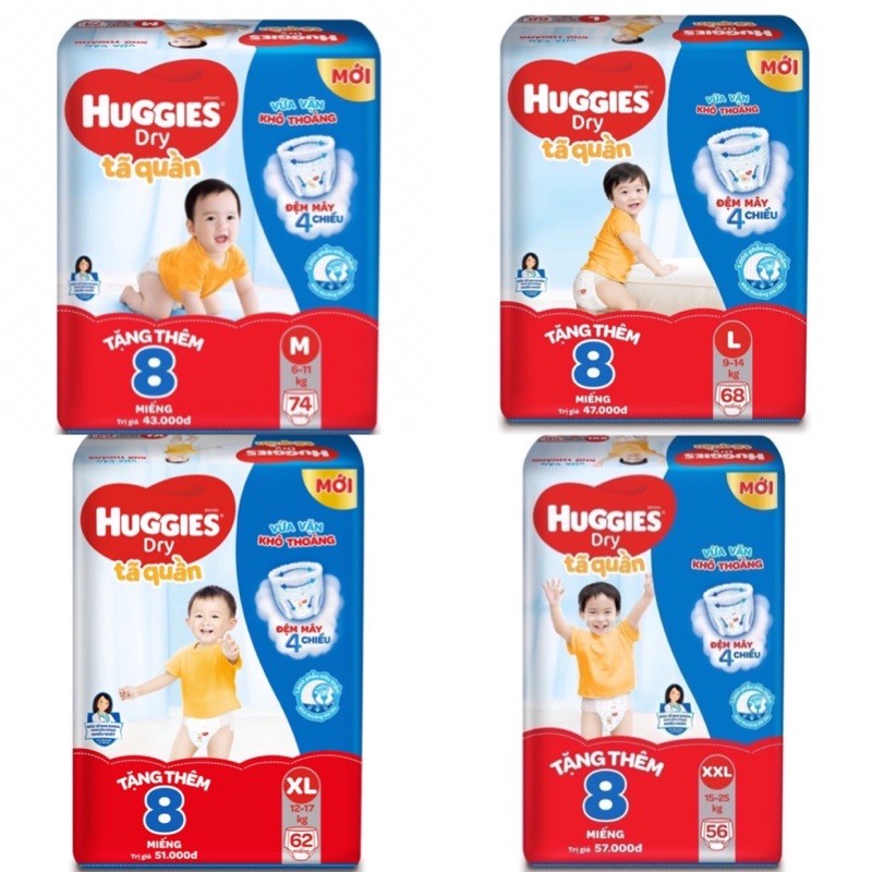 [Tăng 8M]Tã quần Huggies cực đại M74,L68,XL62,XXL56