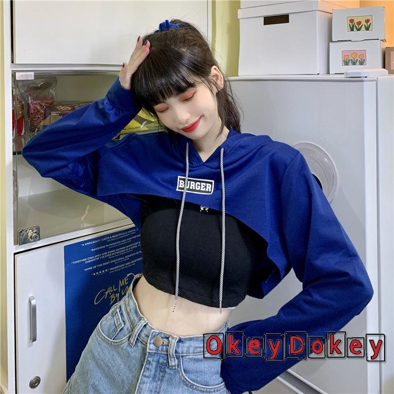 Áo Croptop Tay Dài Có Mũ Trùm Đầu Thêu Chữ Dành Cho Nữ