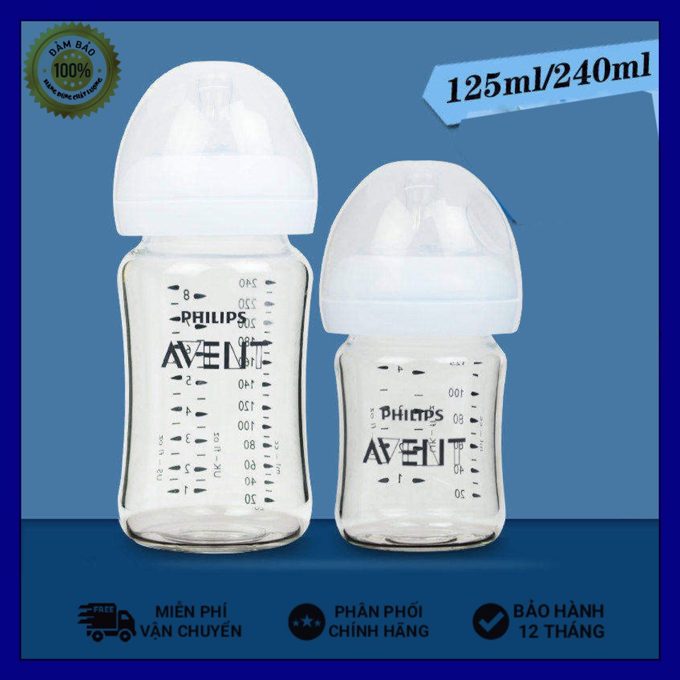 Bình sữa thủy tinh Avent Natural 125, 240ml (Được chọn núm 0 - 5) an toàn cho bé