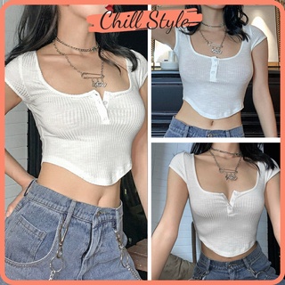 Áo croptop cổ U, áo thun nữ tay ngắn, áo thun ôm dáng ngắn sexy Chill Style A08