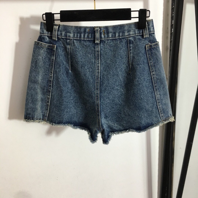 Quần short denim cạp cao viền tua rua phong cách mùa hè mới YSL Saint Laurent cao cấp