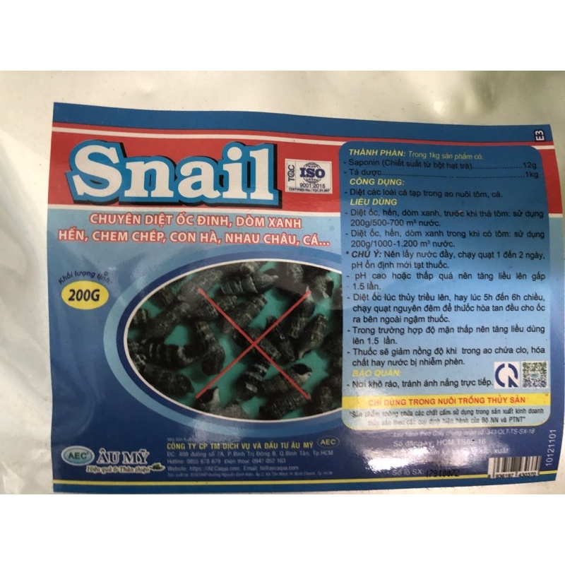 SNAIL, Gói 200g, CHUYÊN DIỆT ỐC ĐINH, VÒM XANH, HẾN TRONG AO NUÔI TÔM