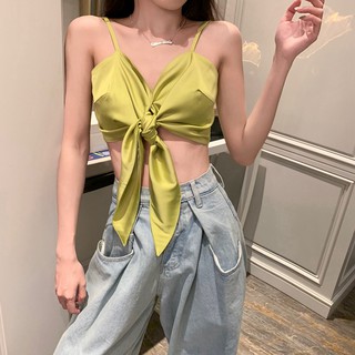 Áo 2 dây gởi cảm khoét ngực cột nơ croptop hở rốn xanh chuối ulzzang