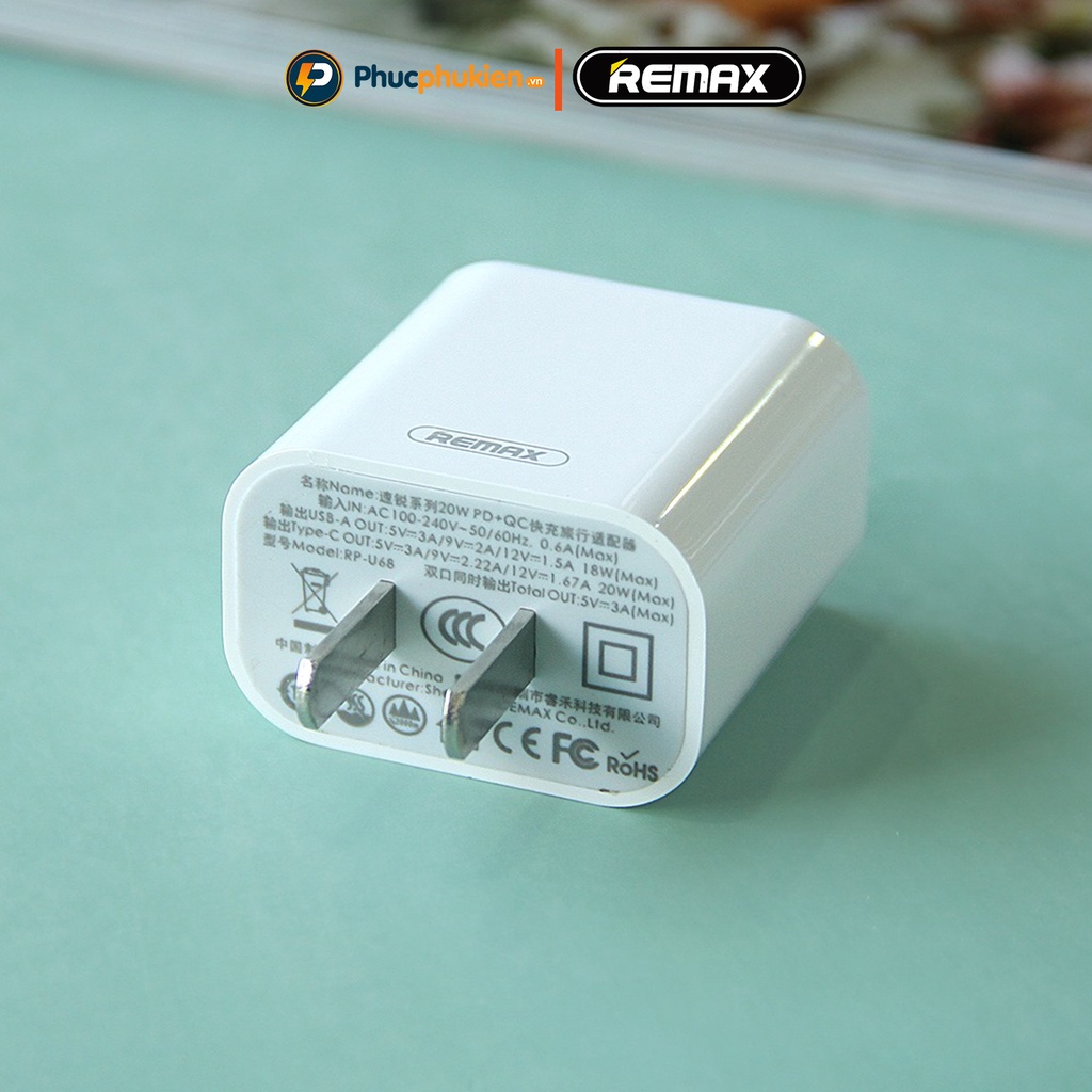 Bộ sạc nhanh 20w + Dây sạc nhanh 20w Remax U68 sạc đầy 50% pin chỉ trong 30 phút cho 8 plus trở lên Phúc Phụ Kiện Remax