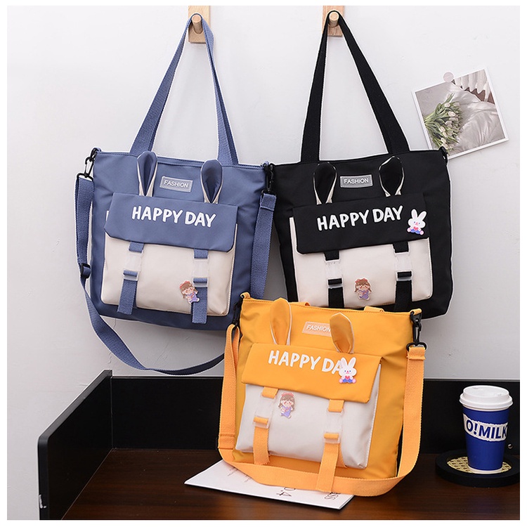 Túi tote đeo chéo đeo vai nữ canvas có khóa kéo phối màu tai thỏ