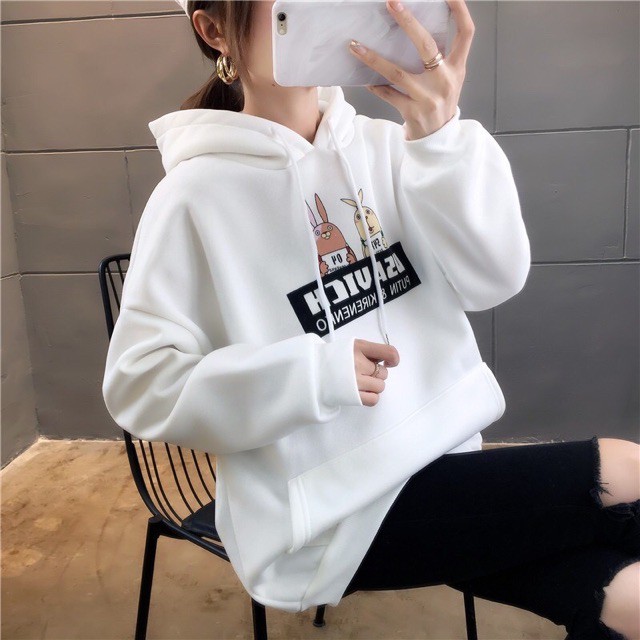 Áo khoác hoodie chui nỉ ngoại form rộng in 2 con thỏ có ảnh thật