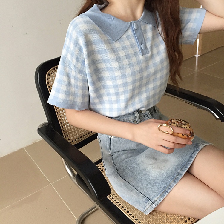 Áo polo IELGY ngắn tay họa tiết ca rô thời trang 2021 cho nữ