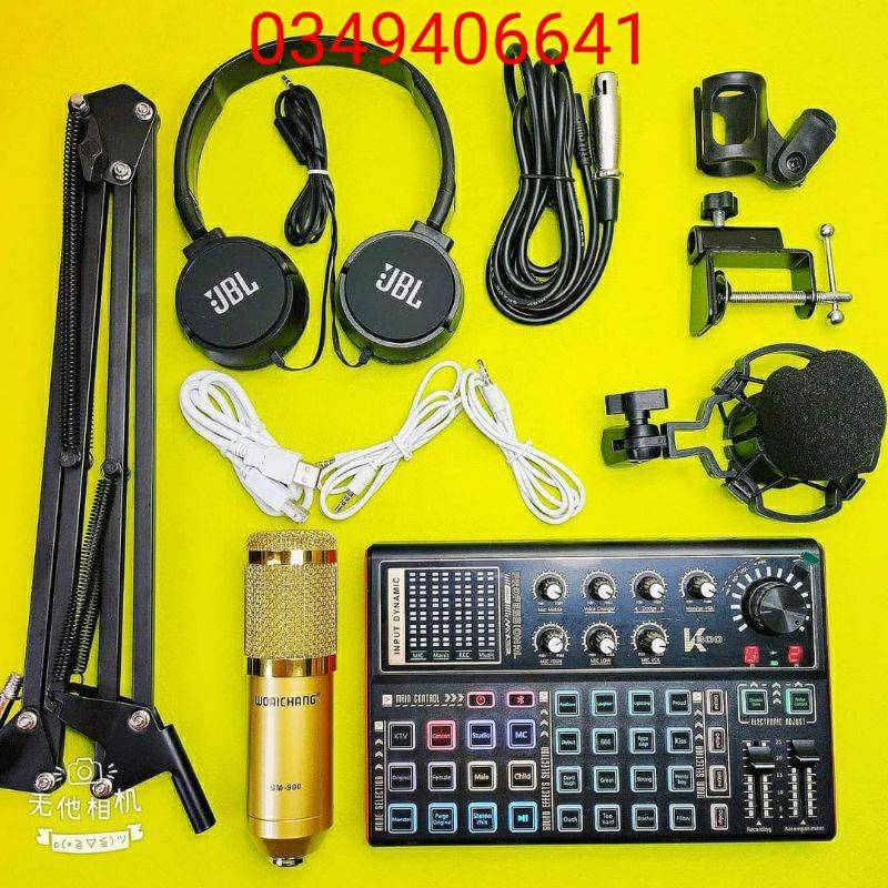 [Mã ELHACE giảm 4% đơn 300K] Combo livestream mic BM900 Sound card K300 plus kèm phụ kiện kẹp mic tai nghe