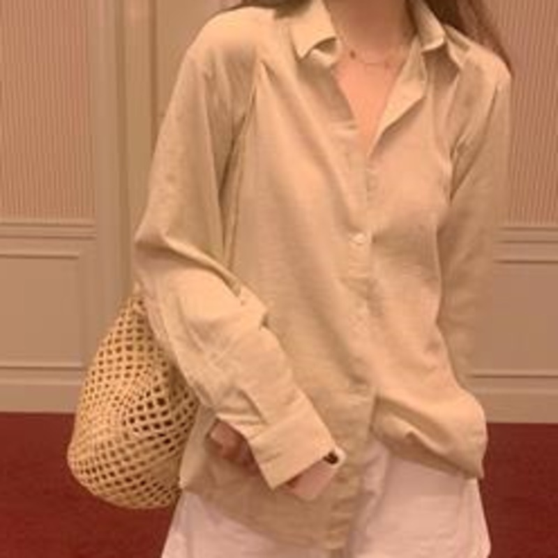 Áo sơ mi nữ RENJIANVSHENG tay dài dáng rộng màu trơn thanh lịch thời trang