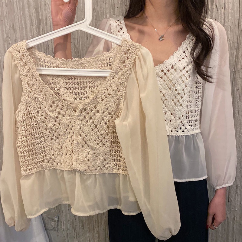 Áo sơ mi voan cổ chữ V thêu họa tiết hoa cúc phong cách retro thời trang mới cho nữ