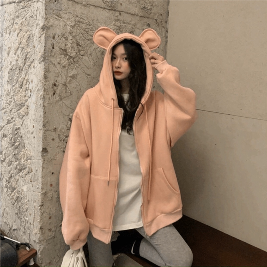 Áo khoác nữ Hoodie form rộng Khóa Dây Kéo Ngoại Trơn Tai Thỏ bông mềm TP [NewUnisex]